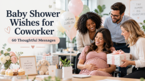 Baby shower wishes for coworker greeting card with baby gifts and soft pastel decorations