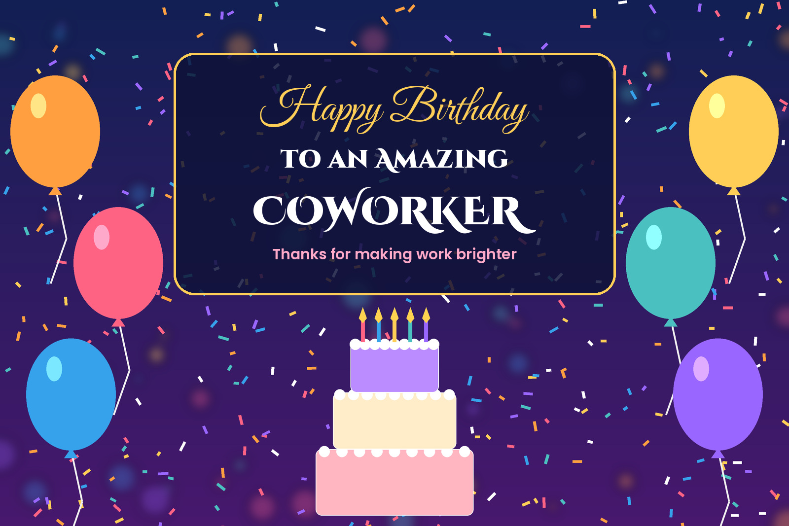 Birthday wishes for coworker card with cake, balloons and confetti