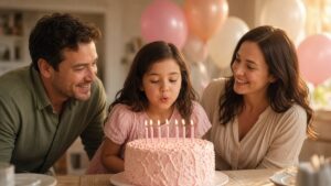 Happy birthday wishes for daughter as parents watch her blow out candles on a pink birthday cake