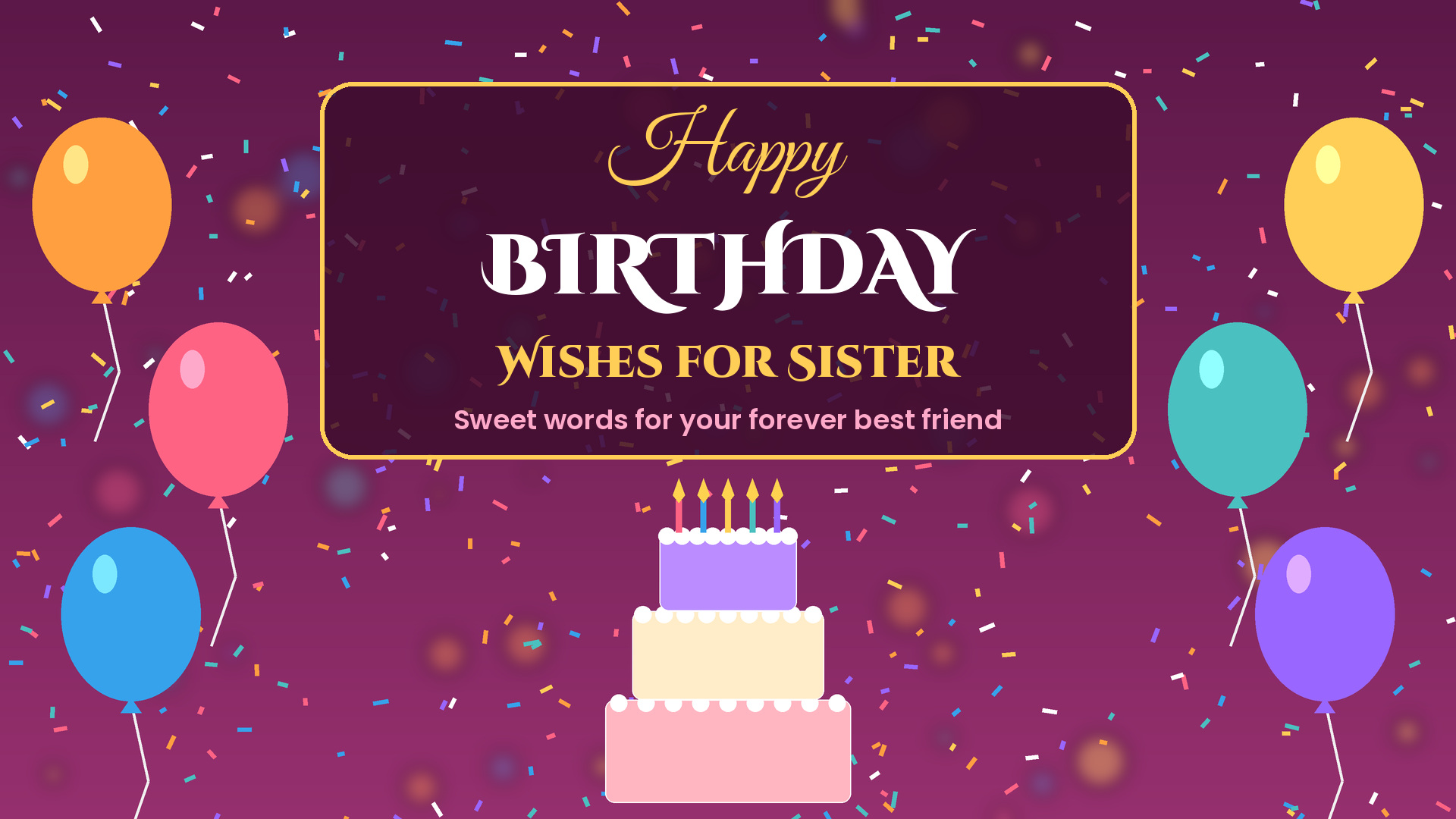 Happy birthday wishes for sister with balloons, confetti and birthday cake