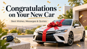 Congratulations on your new car wishes and messages featuring a white car with a red gift bow
