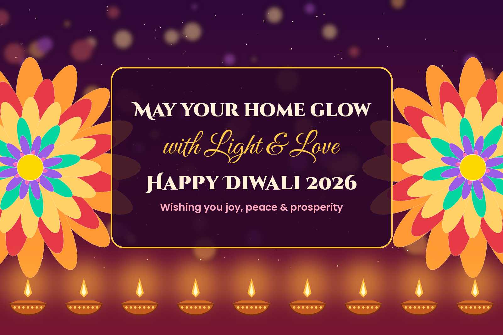 Happy Diwali wishes card with glowing diyas and rangoli