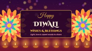Happy Diwali wishes with glowing diyas and colorful rangoli