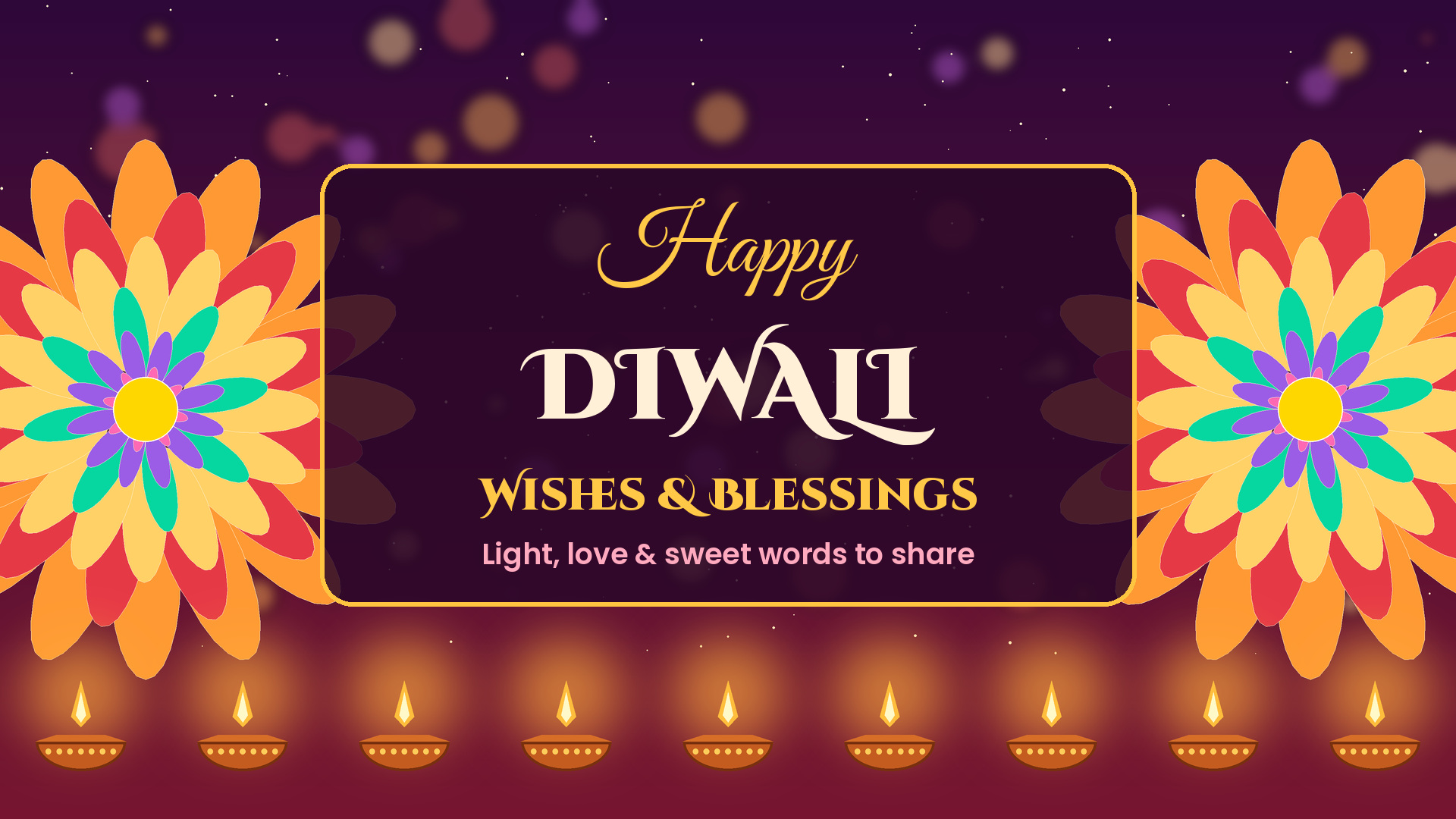 Happy Diwali wishes with glowing diyas and colorful rangoli