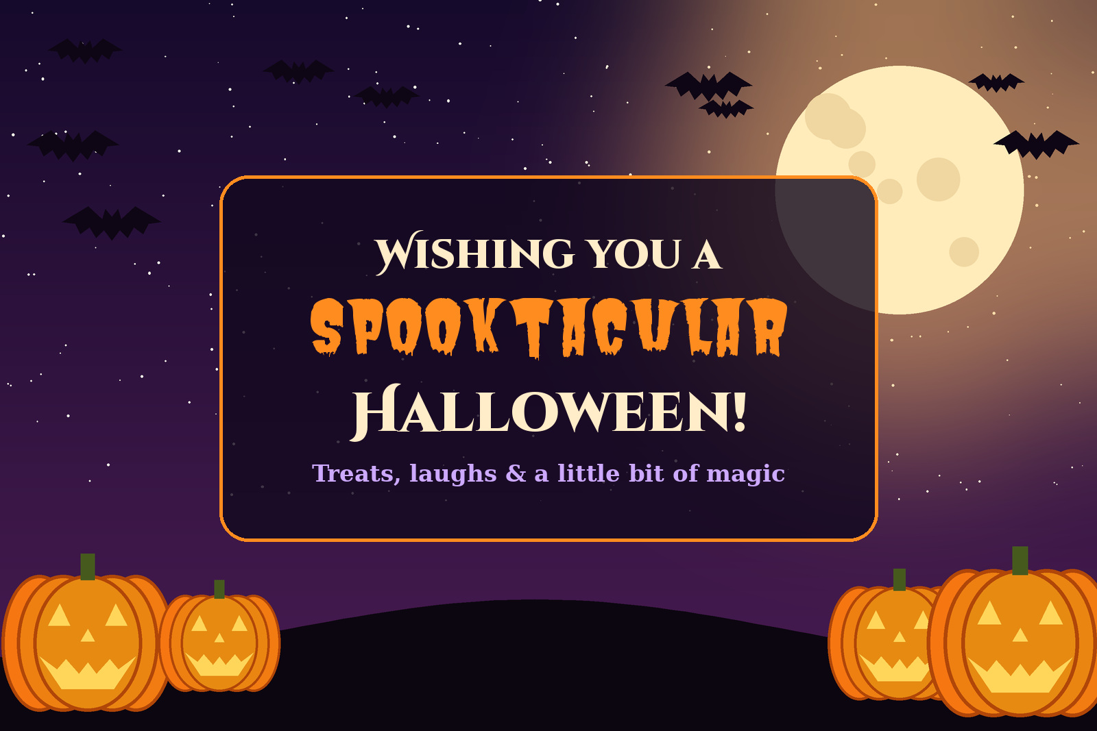 Halloween wishes card with jack-o-lanterns, bats and a full moon