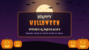 Happy Halloween wishes with jack-o-lanterns, bats and a full moon