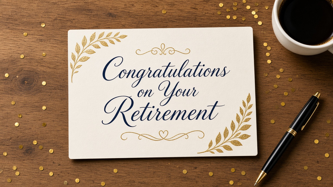 Retirement wishes for coworker card with gold confetti and a farewell note