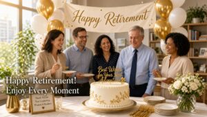 Retirement wishes for coworker with farewell cake and balloons at office party