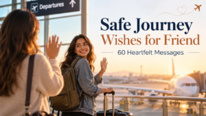 Safe journey wishes for friend with a suitcase, airplane and beautiful travel scenery