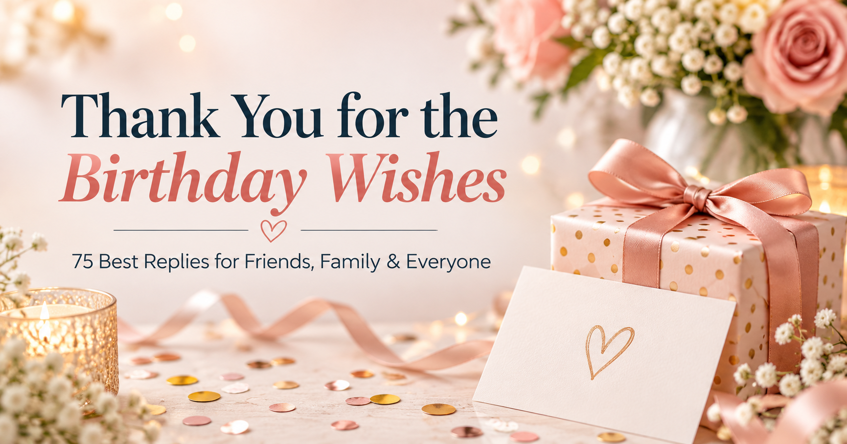 Thank you for birthday wishes greeting graphic with pink gift box, flowers and 75 best birthday thank-you replies