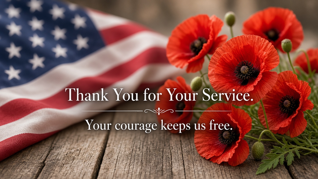 Veterans Day thank you messages card with American flag